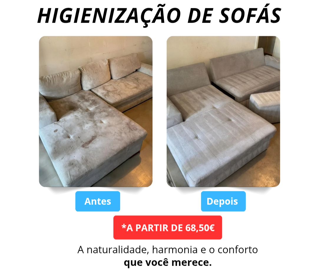 Higienização de sofá antes e depois - Serviço HUAU em Coimbra e Leiria.