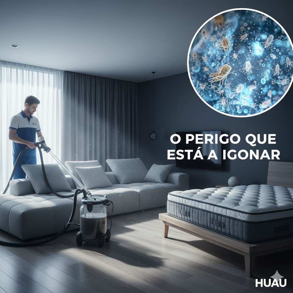 Higienização profissional de sofá e colchão HUAU contra ácaros e bactérias invisíveis.
