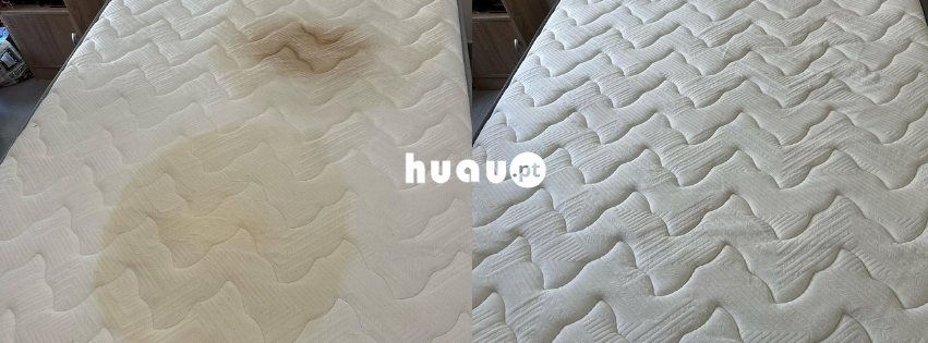 Antes e depois de limpeza de colchão ao domicílio HUAU - Higienização profunda contra ácaros e manchas.