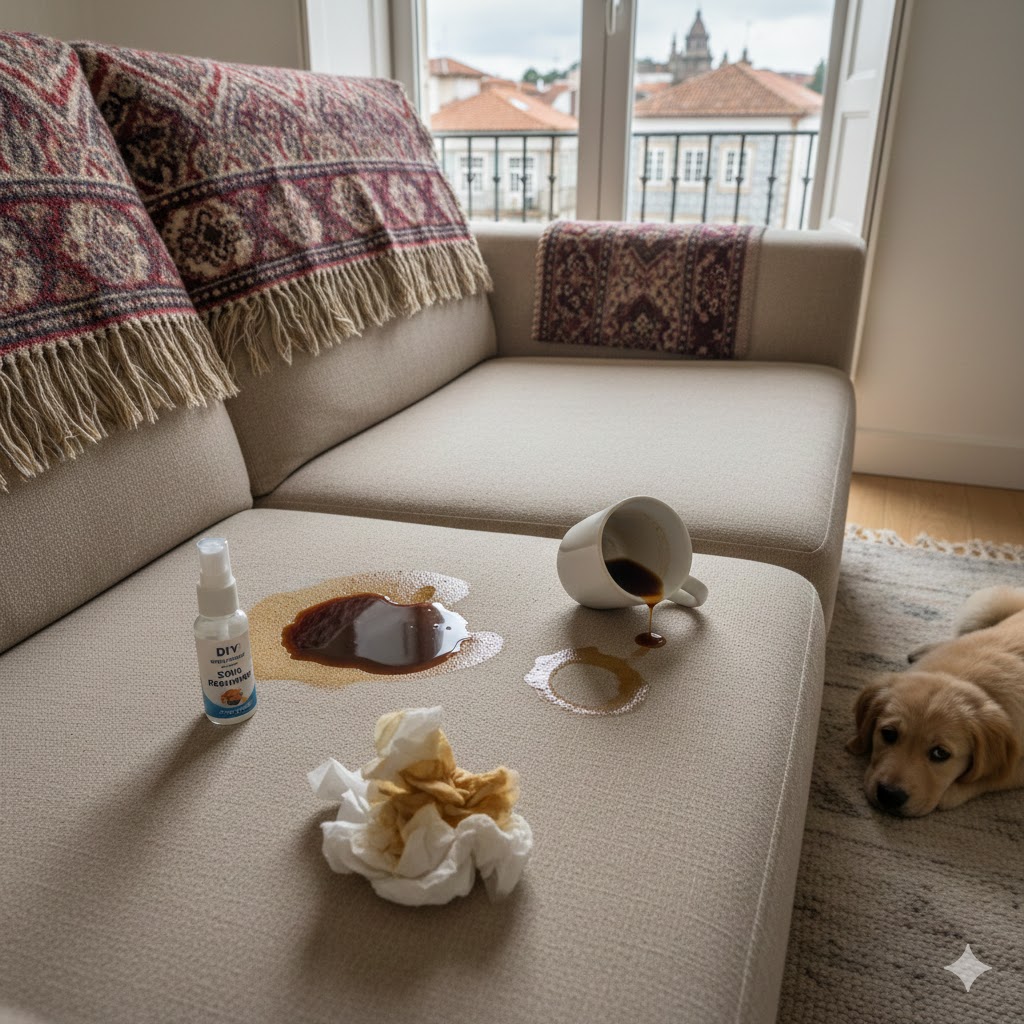 Limpeza de urina de cão em sofá de tecido bege em Coimbra pela Huau.