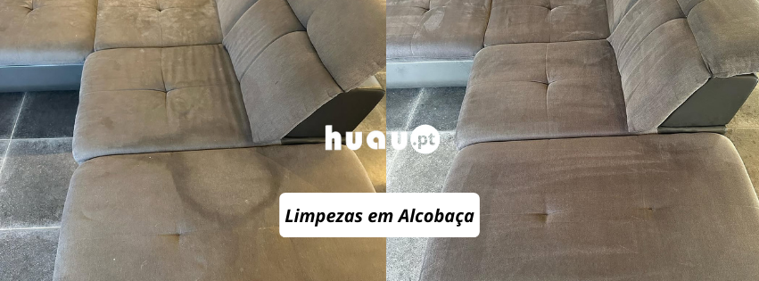 Antes e depois de limpeza de sofás em Alcobaça - Higienização de estofos ao domicílio com remoção de manchas HUAU.