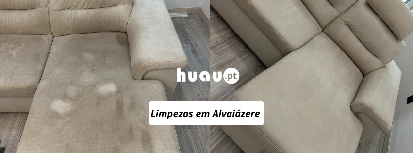 Antes e depois de limpeza de sofás em Alvaiázere - Higienização de estofos encardidos ao domicílio HUAU.