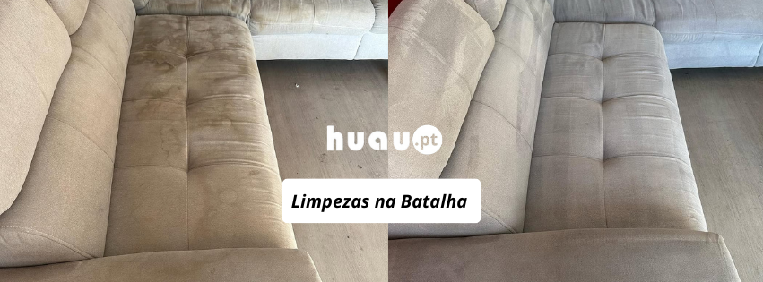 Antes e depois de limpeza de sofás na Batalha - Lavagem técnica de estofos delicados HUAU.
