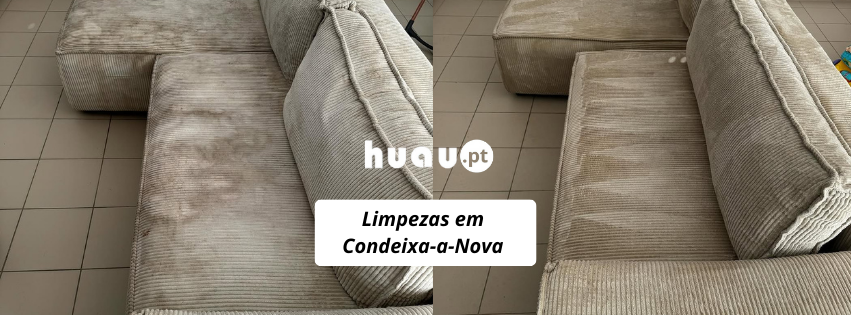 Antes e depois de limpeza de sofás em Condeixa-a-Nova - Remoção de sujidade profunda e higienização HUAU.