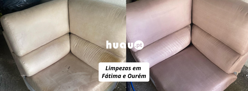 Antes e depois de limpeza de sofás em Fátima e Ourém - Higienização profunda de estofos HUAU.