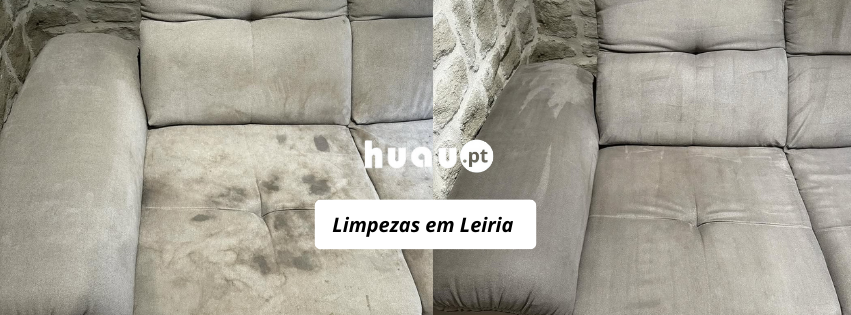 Antes e depois de limpeza de sofás em Leiria - Higienização profissional de estofos ao domicílio HUAU.