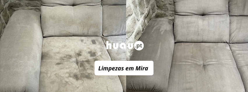 Antes e depois de limpeza de sofás em Mira - Remoção de areia, manchas e ácaros ao domicílio HUAU.