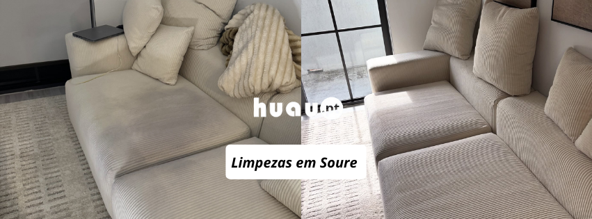 Antes e depois de limpeza de sofás em Soure - Remoção de manchas de humidade e higienização HUAU.