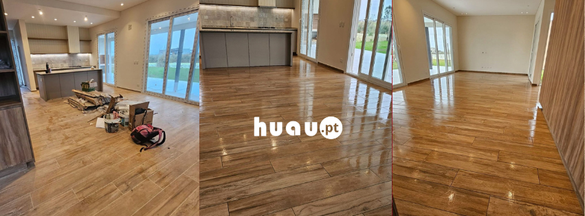 Serviço de limpeza geral profunda Huau® em cozinha e salas, removendo gordura e sujidade acumulada.