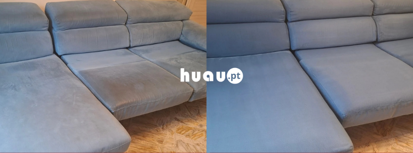 Antes e depois da higienização profunda de sofá em Leiria - Huau Portugal