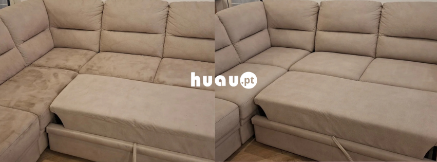 Comparação antes e depois de limpeza de sofá com remoção de sujidade profunda em Soure