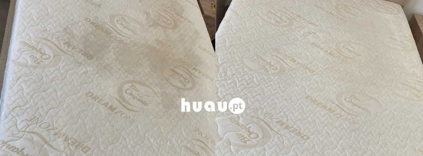 Resultado visual de antes e depois da remoção de manchas orgânicas e higienização de colchão em Ansião pela Huau.