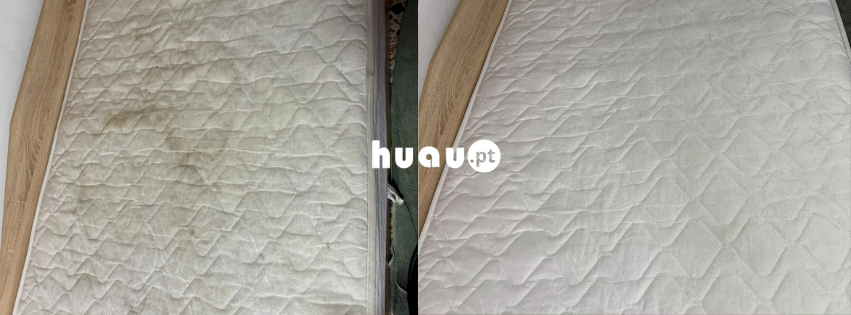 Resultado visual de antes e depois da remoção de manchas orgânicas e higienização de colchão em Ourém e Fátima.