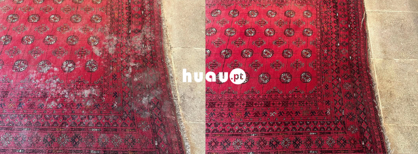 Resultado de antes e depois da limpeza de carpetes em Coimbra com remoção de sujidade e ácaros.