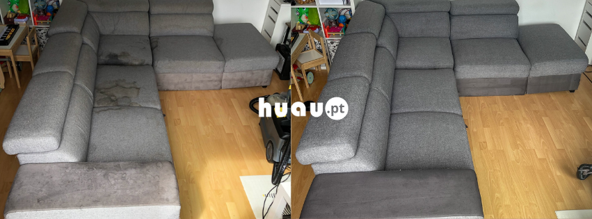 Prova real de higienização de sofá com remoção de sujidade incrustada em Alvaiázere pela Huau.