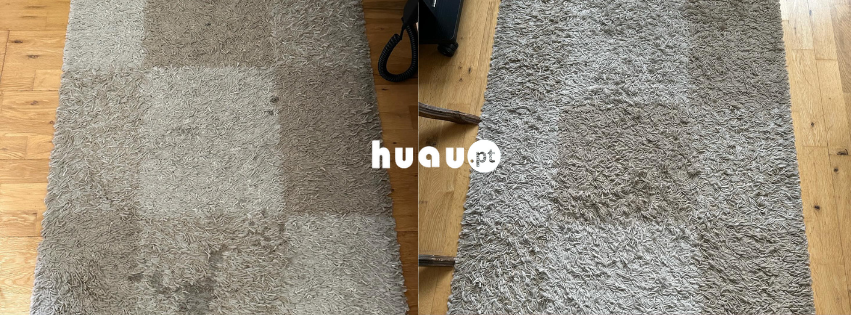 Comparativo de fibras de tapete antes e depois da lavagem profunda em Leiria pela Huau.
