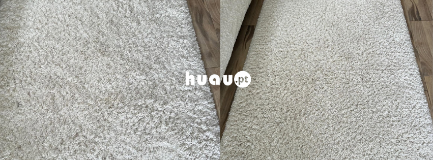 Resultado visual de antes e depois da limpeza de carpete com recuperação de cores em Ansião pela Huau.