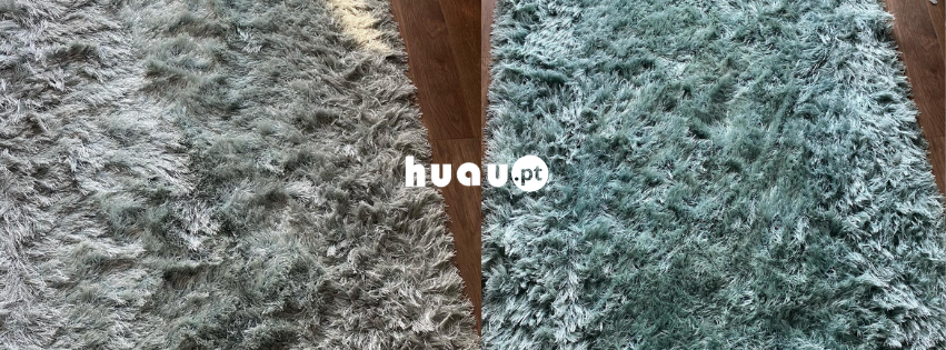 Resultado visual de antes e depois da limpeza de uma carpete encardida na Figueira da Foz pela Huau.