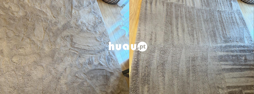 Prova de limpeza de carpete encardida com recuperação de fibras e cores em Ourém e Fátima pela Huau.