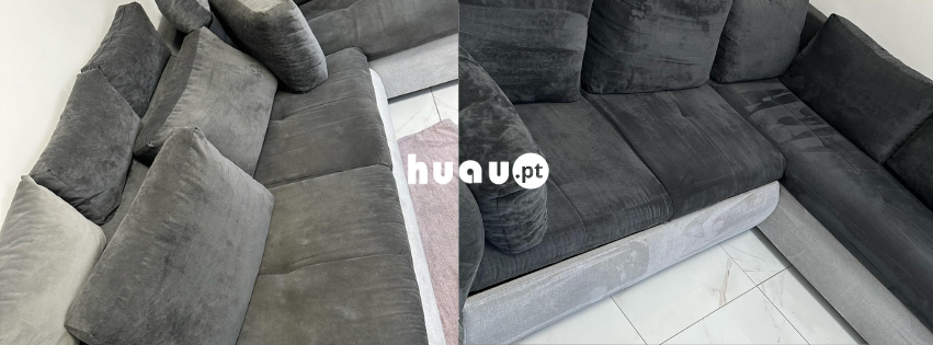 Prova real de higienização de sofá com remoção de sujidade e manchas em Ansião pela Huau.