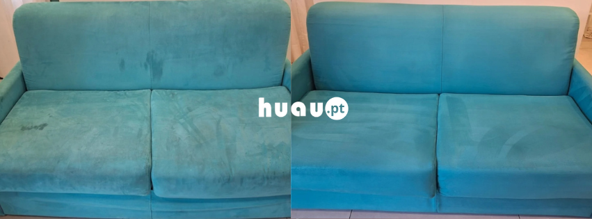 Comparativo de antes e depois da limpeza de sofás em Coimbra com tecnologia de extração profunda.