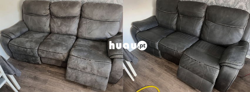 Resultado de antes e depois da limpeza de sofás em Leiria com sistema de extração profunda Huau.