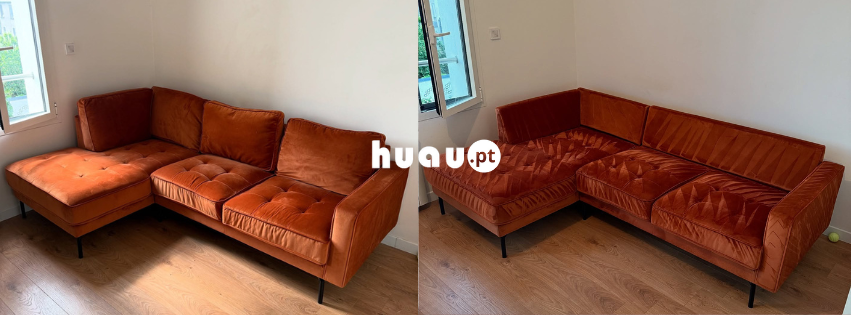 Prova de higienização profunda de sofá com remoção de sujidade pesada em Ourém e Fátima pela Huau.