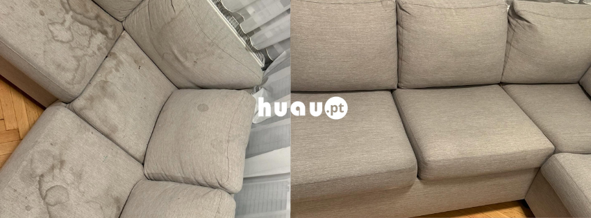 Antes e depois da higienização de sofás em Condeixa-a-Nova com remoção de manchas e ácaros.
