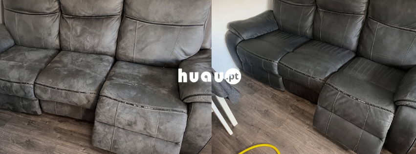 Limpeza profunda de sofá com remoção de manchas de uso e gordura em Montemor-o-Velho.
