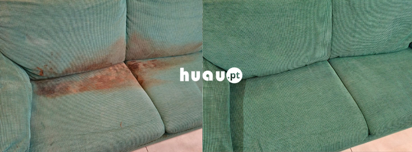 Remoção de nódoas profundas e sujidade orgânica em sofá de tecido no concelho de Mira.