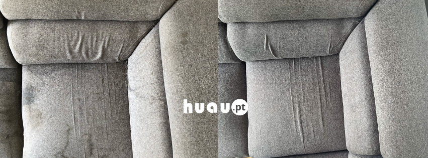 Resultado de limpeza profunda de sofá com extração de sujidade e ácaros em Mira pela Huau.