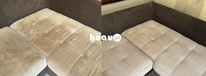 Resultado de higienização profissional de sofá com remoção de bio-carga acumulada no concelho de Soure.