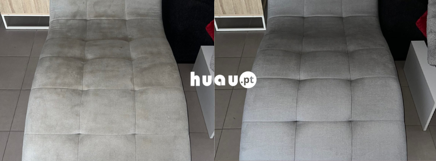 Antes e depois de limpeza de sofá em Coimbra: remoção de manchas e marcas de água.