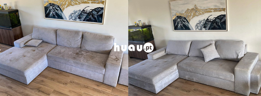 Prova de limpeza profunda de um sofá com remoção de sujidade incrustada na Batalha pela Huau.