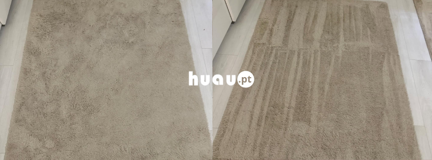 Comparativo de fibras de carpete antes e depois da limpeza profunda em Pombal pela Huau