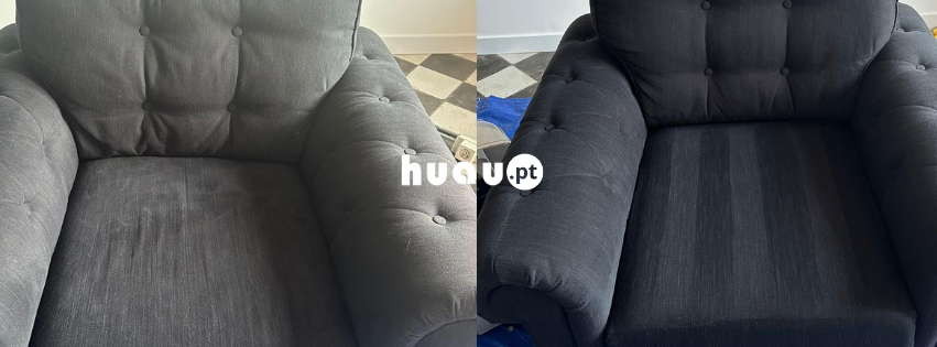 Sofá antes e depois da higienização por empresa de lavar sofas em Coimbra