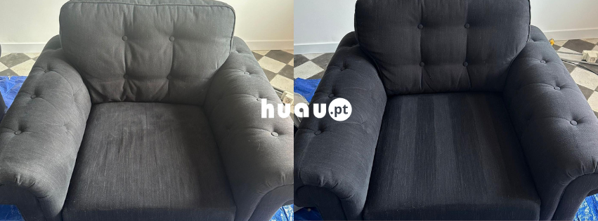 Antes e depois da remoção de manchas num sofá em Coimbra pela Huau