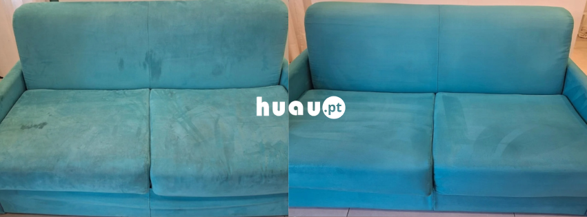 Sofá azul turquesa com manchas removidas na Marinha Grande pela Huau