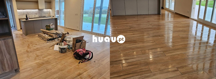 Espaço com entulho e materiais de obra antes e depois de limpeza profissional pós-obra ao domicílio em Coimbra e Leiria