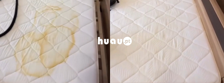 Colchão com mancha de urina amarela antes e depois de limpeza profissional ao domicílio, em Coimbra e Leiria