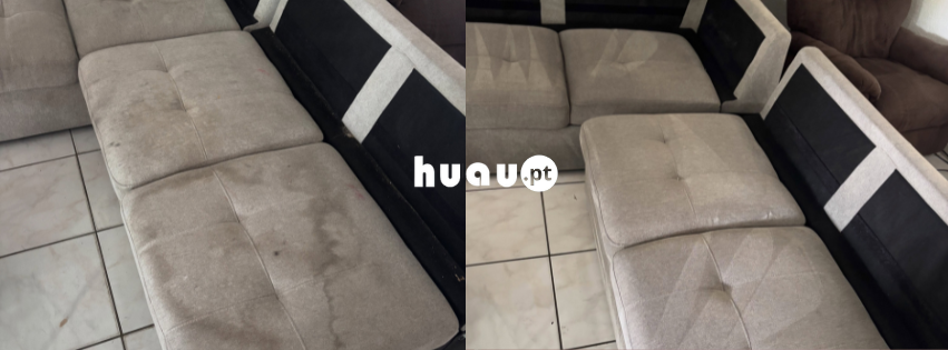 Sofá de tecido antes e depois da limpeza profissional em Porto de Mós, Leiria - Huau