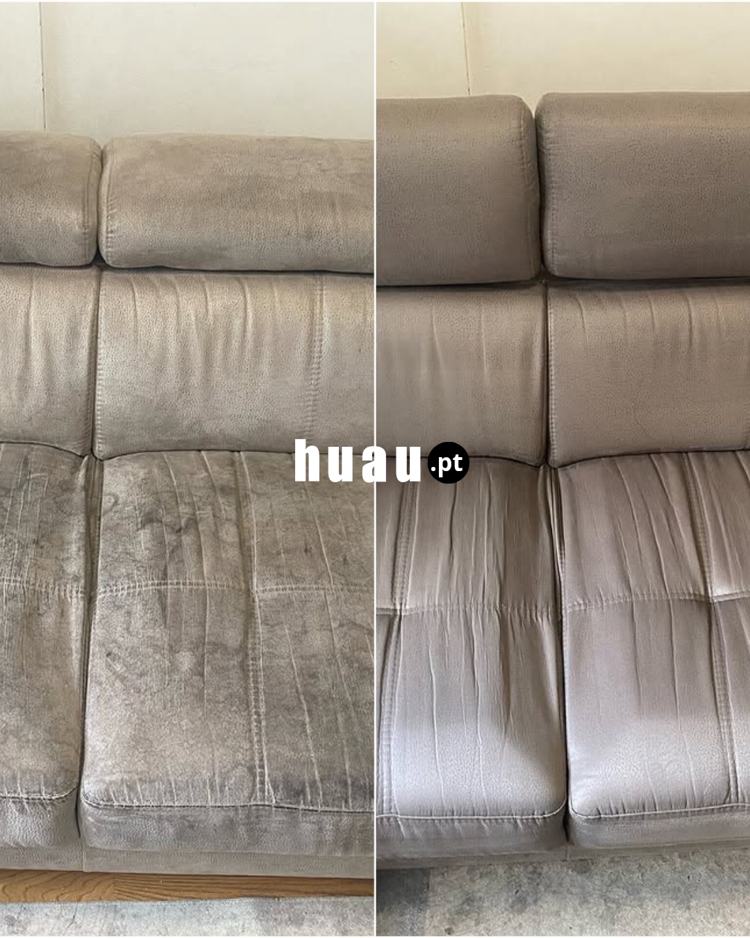 Antes e depois de limpeza de sofá ao domicílio em Coimbra e Leiria
