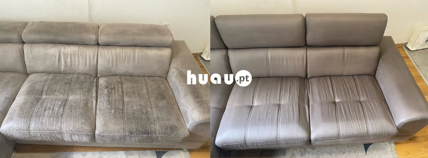 Antes e depois da limpeza profissional de um sofá com cheiro de urina realizada pela Huau ao domicílio em Coimbra e Leiria.