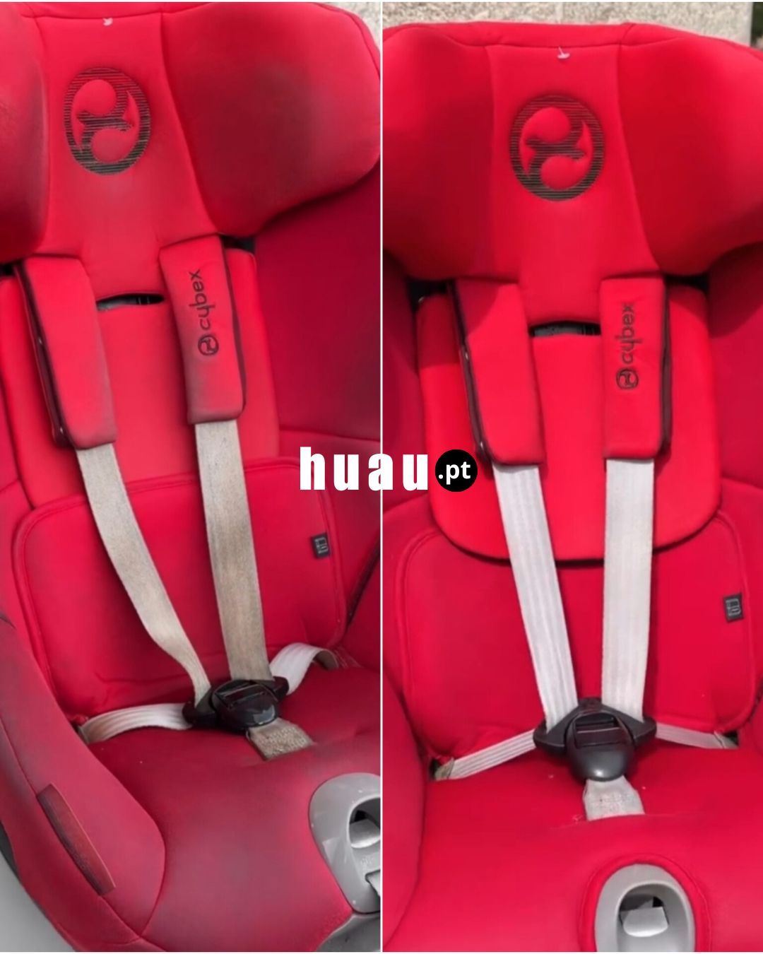 Limpeza profissional de cadeira auto de bebé realizada pela Huau em Coimbra e Leiria.