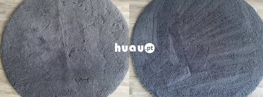 Antes e depois da limpeza profissional de uma carpete grande ao domicílio realizada pela Huau em Coimbra e Leiria.