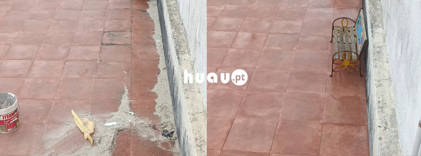 Terraço exterior com resíduos de tinta e cimento antes e depois de limpeza profissional em Coimbra e Leiria