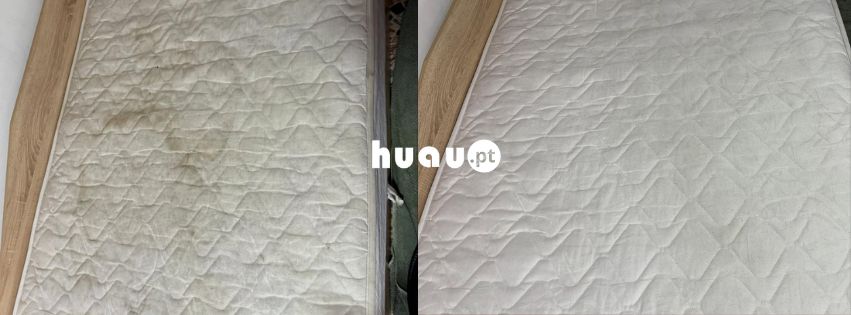 Antes e depois da limpeza profissional de colchão pela Huau em Coimbra e Leiria
