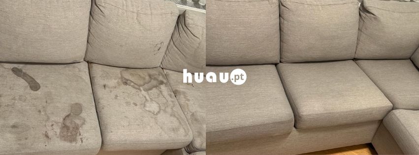 Antes e depois de limpeza de sofá antigo ao domicílio em Coimbra e Leiria pela Huau