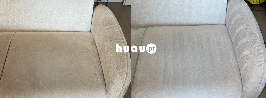 Antes e depois de limpeza de sofá ao domicílio pela Huau em Coimbra e Leiria