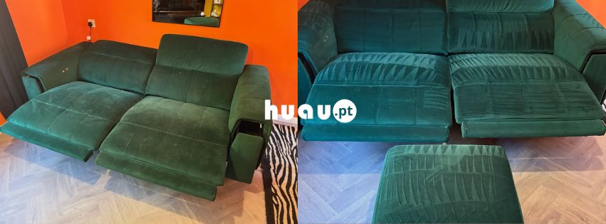 Antes e depois de limpeza profissional de sofá pela Huau em Coimbra e Leiria